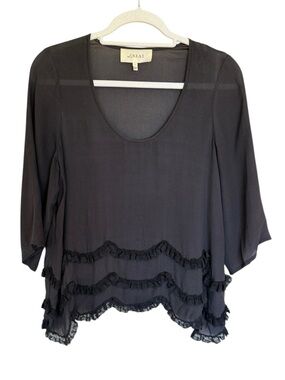THE GREAT. Silk Black Scoop Neck Ruffle-Hem Blouse size 1